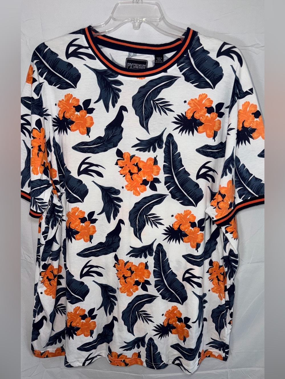 Men’s Tropical Floral Tee Orange & Navy on White 3X